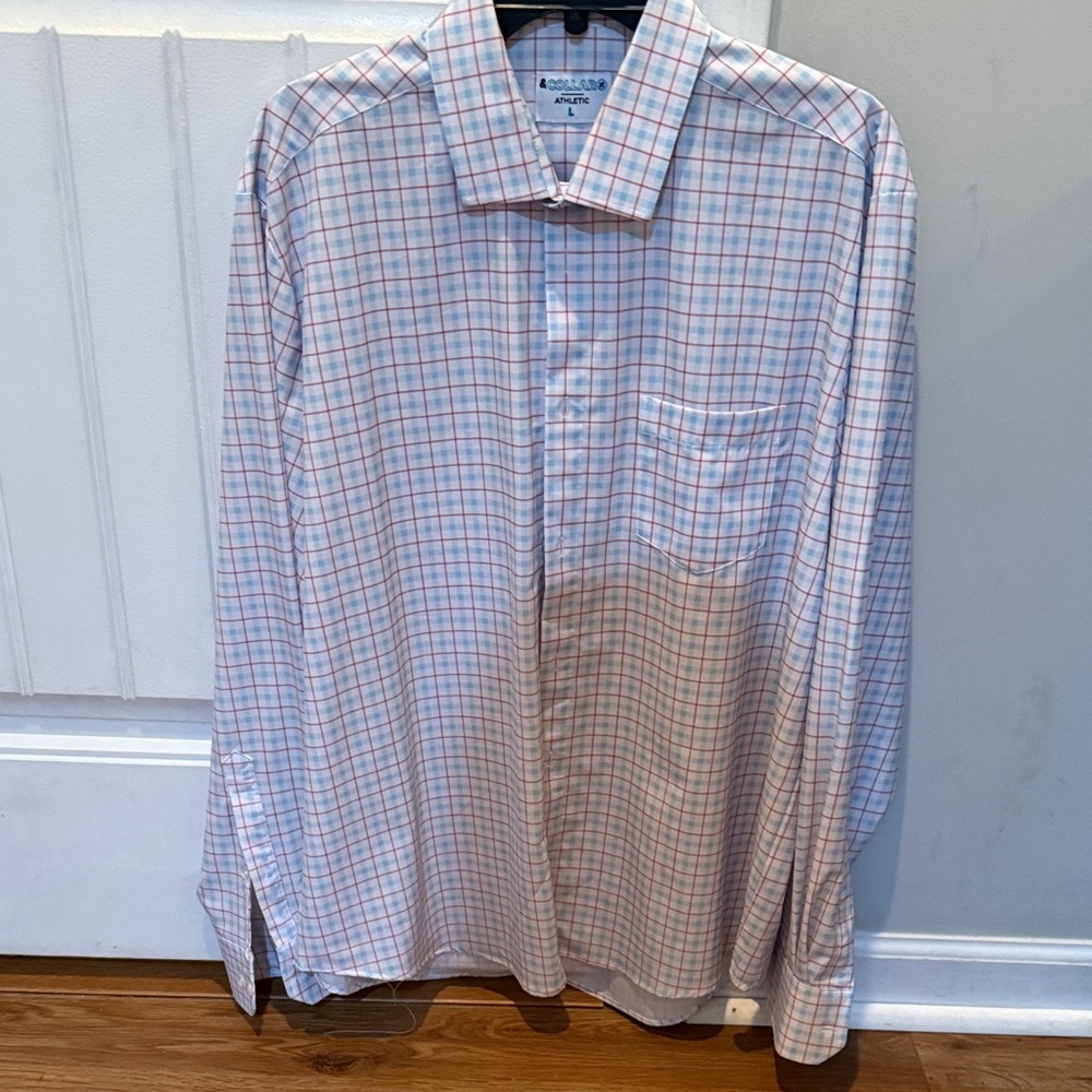 Like new, Men’s , blue/red Check Dress Shirt, size large, &Collar Athletic.